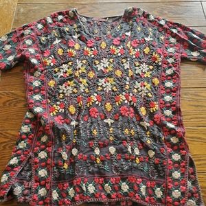 Johnny Was black blouse red,yellow&white embroider